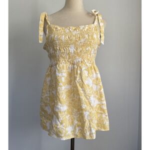 Isabel Linen Women's Smocked Tie Strap Tank Top Yellow Floral Summer XXL